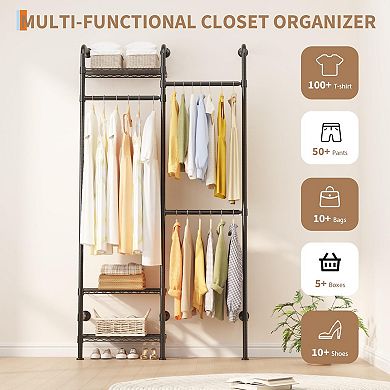Wall Mounted Closet System, 2-Row Carbon Steel Clothes Rack with 3 Shelves, Black Garment Organizer