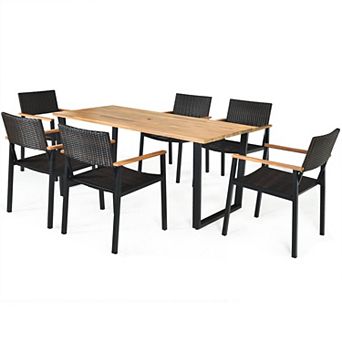 Costway 7 pc Patio Rattan Patented Dining Chair Table Set Solid Wood Frame Umbrella Hole