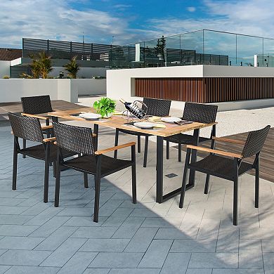 Costway 7PCS Patio Rattan Patented Dining Chair Table Set Solid Wood Frame Umbrella Hole