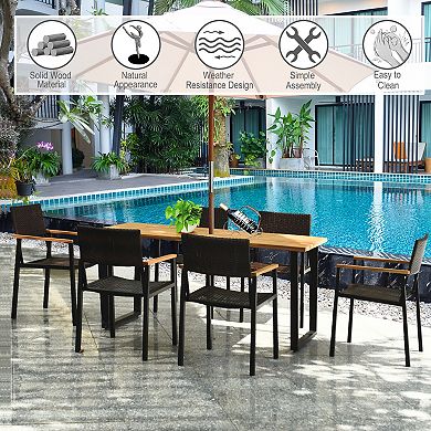Costway 7PCS Patio Rattan Patented Dining Chair Table Set Solid Wood Frame Umbrella Hole