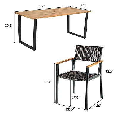 Costway 7PCS Patio Rattan Patented Dining Chair Table Set Solid Wood Frame Umbrella Hole