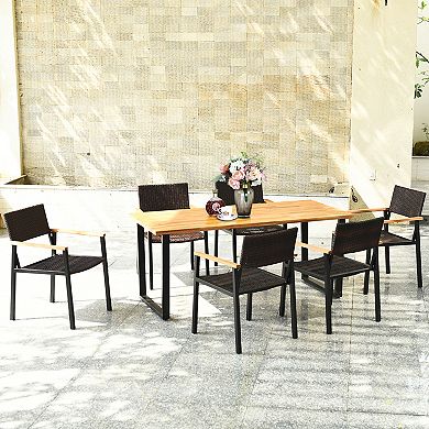 Costway 7PCS Patio Rattan Patented Dining Chair Table Set Solid Wood Frame Umbrella Hole