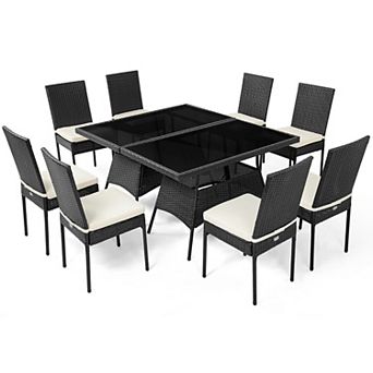Costway Patio Rattan Dining Set Cushioned Chair Table with Glass Top Garden Furniture