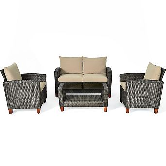 Costway Patio Rattan Furniture Set Solid Wood Leg Cushioned Sofa Garden Lawn