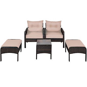 Costway 5 pc Patio Rattan Wicker Furniture Set Sofa Ottoman Coffee Table Cushioned Yard