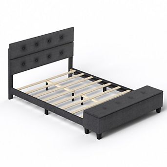 Costway Full Upholstered Bed Frame with Ottoman Storage Linen Button Tufted Headboard