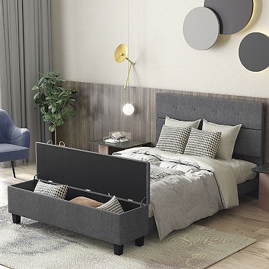 Costway Full Upholstered Bed Frame with Ottoman Storage Linen Button Tufted Headboard