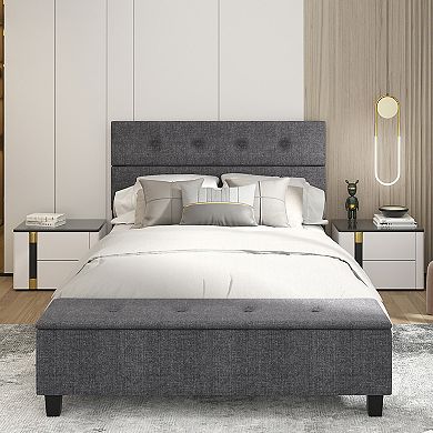Costway Full Upholstered Bed Frame with Ottoman Storage Linen Button Tufted Headboard