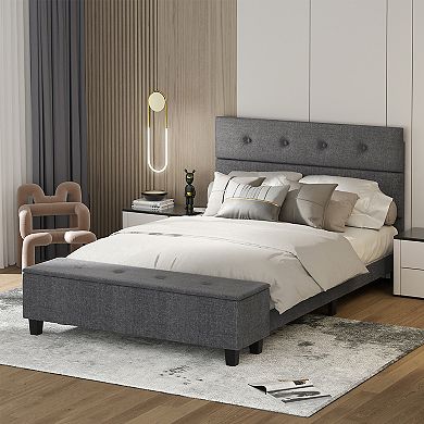 Costway Full Upholstered Bed Frame with Ottoman Storage Linen Button Tufted Headboard