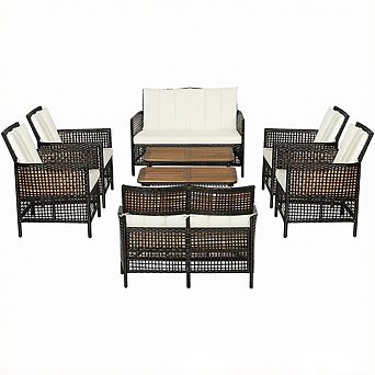 Costway Patio Rattan Furniture Set Cushioned Chairs Wood Table Top W/Shelf