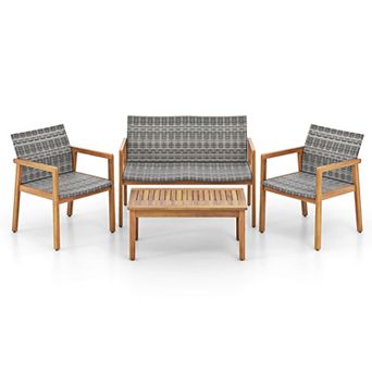 Costway Outdoor Furniture Set, Acacia Wood Frame Sofa Set with Rattan Seat