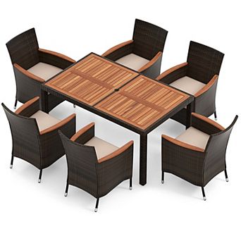 Costway 7 pc Outdoor Wicker Dining Set with Acacia Wood Table and 6 Stackable Chairs