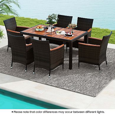 Costway 7 Pieces Outdoor Wicker Dining Set with Acacia Wood Table and 6 Stackable Chairs