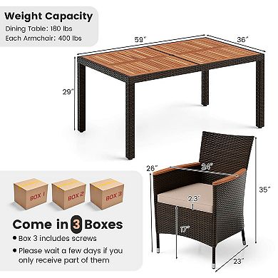 Costway 7 Pieces Outdoor Wicker Dining Set with Acacia Wood Table and 6 Stackable Chairs