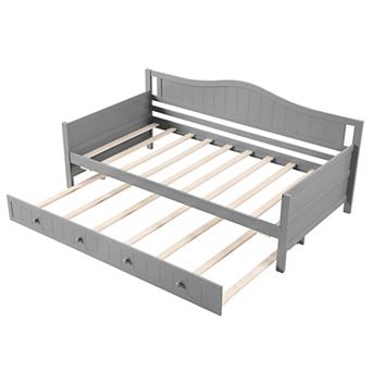 Costway Twin Size Daybed with Trundle Solid Wood Sofa Bed with Slats Support Guest Bed