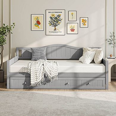 Costway Twin Size Daybed with Trundle Solid Wood Sofa Bed with Slats Support Guest Bed