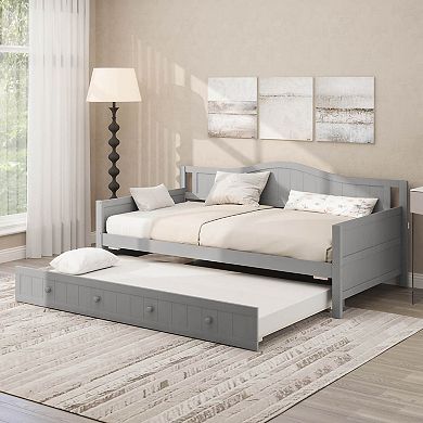 Costway Twin Size Daybed with Trundle Solid Wood Sofa Bed with Slats Support Guest Bed