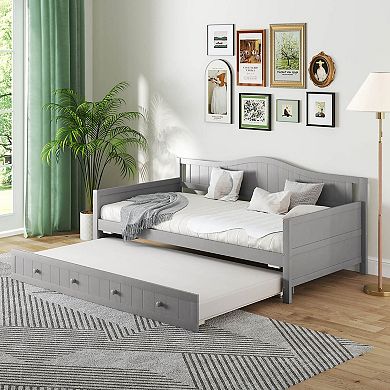 Costway Twin Size Daybed with Trundle Solid Wood Sofa Bed with Slats Support Guest Bed