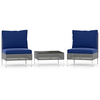 Costway 3 pc Patio Furniture Set with Tempered Glass Coffee Table Soft Back & Seat Cushions