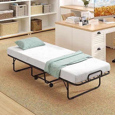 Costway Folding Bed with Mattress 74" x 31" Cot Size Rolling Guest Bed Space Saving