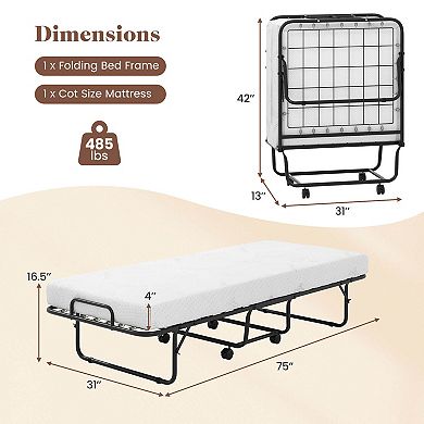 Costway Folding Bed with Mattress 74" x 31" Cot Size Rolling Guest Bed Space Saving
