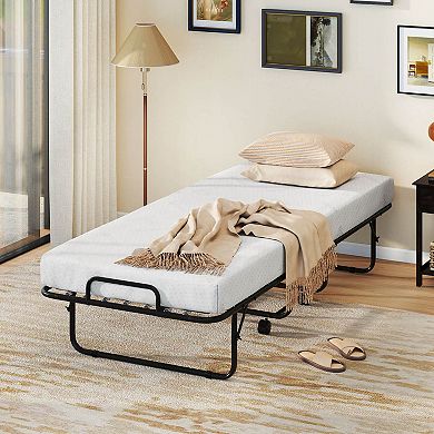 Costway Folding Bed with Mattress 74" x 31" Cot Size Rolling Guest Bed Space Saving