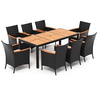 Costway 9 pc Outdoor Dining Set with Acacia Wood Tabletop, Umbrella Hole, Seat Cushions