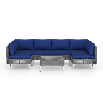Costway 7 pc Outdoor Furniture Set with Seat & Back Cushions Tempered Glass Coffee Table