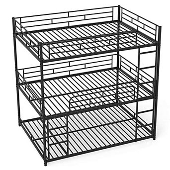 Costway Full Over Full Over Full Metal Bed Frame Heavy-Duty Triple Bunk Bed w/Dual Ladders