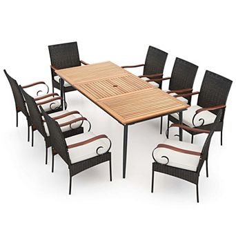 Costway 9 pc Patio Dining Set with Acacia Wood Tabletop 1.9" Umbrella Hole Outdoor