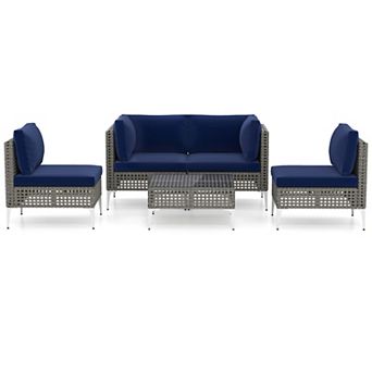 Costway 5 pc Outdoor Furniture Set with Seat & Back Cushions Tempered Glass Coffee Table