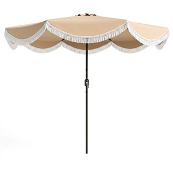 Costway 9 FT Patio Umbrella with Fringe, Push Button Tilt, Crank, 8 Sturdy Ribs for Garden