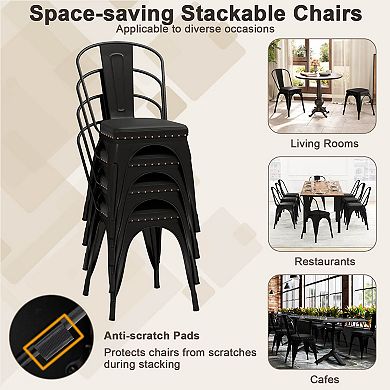 Costway Stackable Metal Dining Chairs Set of 4 w/ Backrest & PU Leather Padded Seat