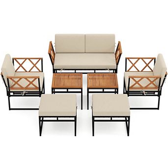 Costway 7 pc Outdoor Conversation Set Acacia Wood Chairs & Coffee Tables Set with Ottomans
