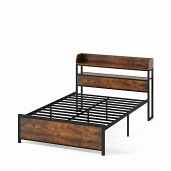Costway Full Bed Frame with LED Lights Power Outlets Storage Headboard Metal Slat Support