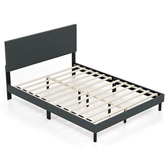 Costway Queen Size Bed Frame Linen Upholstered Platform Bed Frame with Tufted Headboard