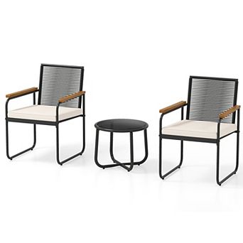 Costway 3 pc Patio Furniture Set with Round Tempered Glass Top Table Armrests & Cushions