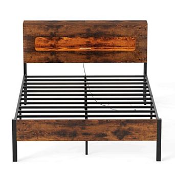 Costway Full Bed Frame with LED Lights Storage Headboard Power Outlets Strong Metal Support