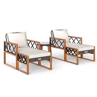 Costway 5 pc PE Rattan Outdoor Conversation Set with Acacia Wood Table Chairs with Ottomans