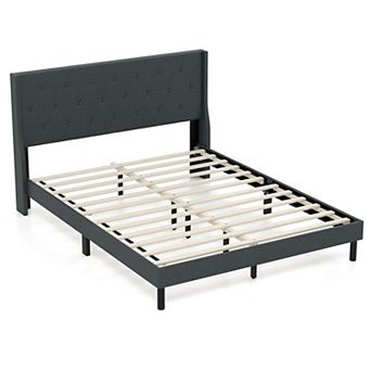 Costway Queen Size Bed Frame Linen Upholstered Mattress Foundation with Wooden Slats