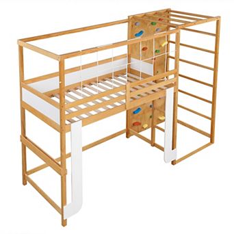 Costway Twin Bunk Bed with Jungle Gym, Climbing Ladder, Rock Wall & Monkey Bar