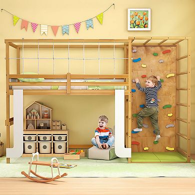 Costway Twin Bunk Bed with Jungle Gym, Climbing Ladder, Rock Wall & Monkey Bar