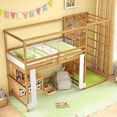 Costway Twin Bunk Bed with Jungle Gym, Climbing Ladder, Rock Wall & Monkey Bar