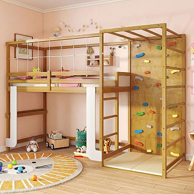 Costway Twin Bunk Bed with Jungle Gym, Climbing Ladder, Rock Wall & Monkey Bar