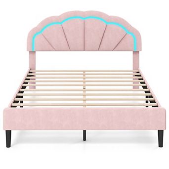 Costway Queen Size Upholstered LED Bed Frame Soft Velvet Platform Bed with Flower Headboard