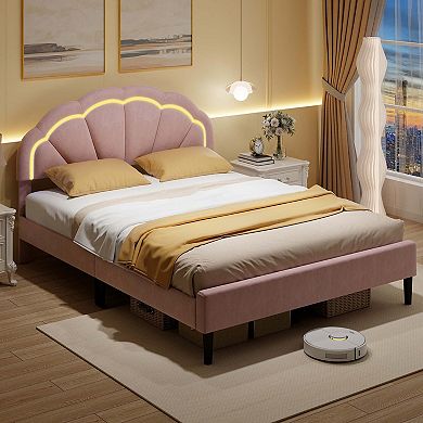 Costway Queen Size Upholstered LED Bed Frame Soft Velvet Platform Bed with Flower Headboard