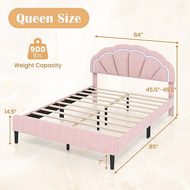 Costway Queen Size Upholstered LED Bed Frame Soft Velvet Platform Bed with Flower Headboard