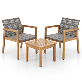 Costway 3 pc Outdoor Furniture Set, Acacia Wood Frame Sofa Set with Rattan Seat