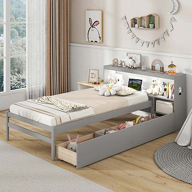Costway Twin Size Bed Frame with LED Light & Power Outlet Bookcase Headboard Drawers
