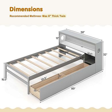 Costway Twin Size Bed Frame with LED Light & Power Outlet Bookcase Headboard Drawers